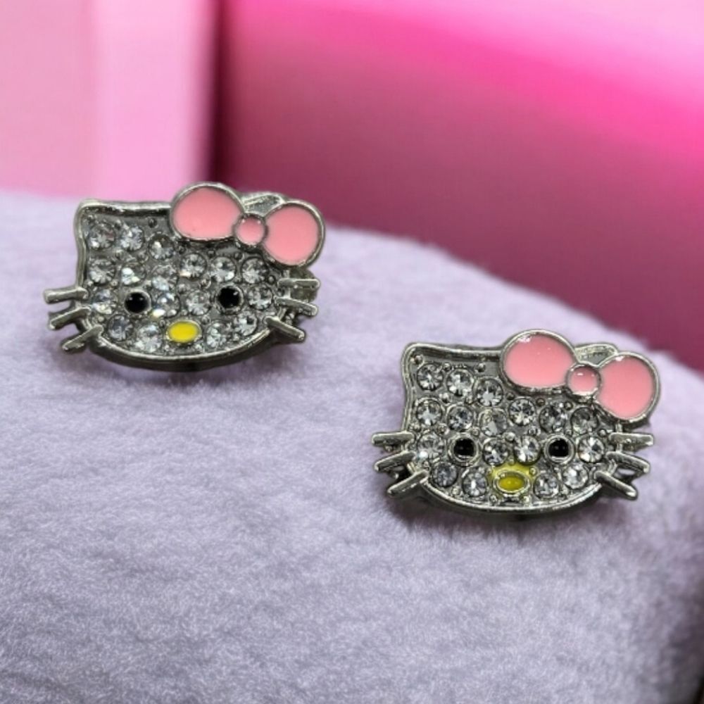 Hello Kitty Earrings Rhinestone Enamel Pink Bow Pierced Ears Cat Studs Jewelry